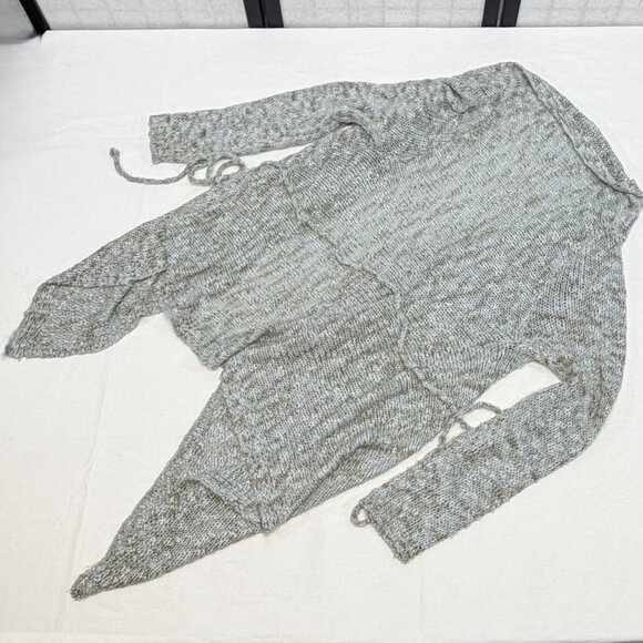 BCBG Blue Olive Asymmetrical Knit Cardigan L Loose Weave Open Front Boho Sweater - Picture 9 of 12